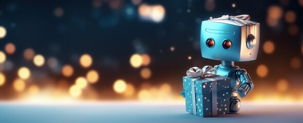 Illustration of a gift box with robot and cute cat, Generative AI