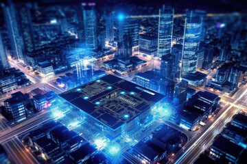 Poster - Computer Motherboard With a CPU Processor in the Shape of an Abstract Digital City extreme closeup. Generative AI