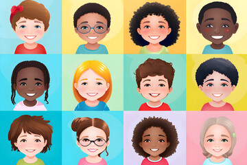 Wall Mural - collage of cartoon faces of smiling multiracial group of various diverse children for profile pictur