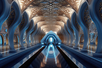 Poster - Futuristic Islamic Inspired Space Hall Interior extreme closeup. Generative AI