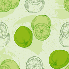  Seamless Lemon pattern with tropic fruits. Hand drawn vector illustration in sketch style for summer romantic cover, tropical wallpaper, vintage texture.