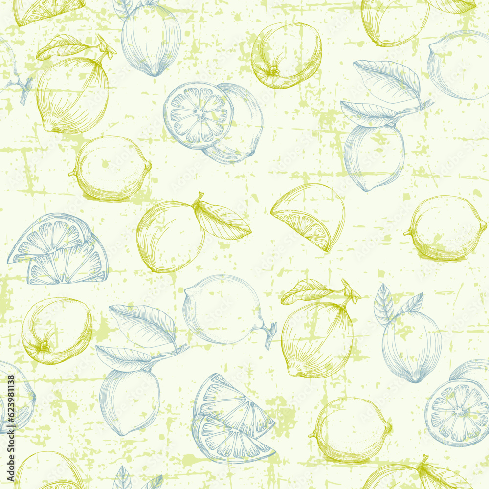 Seamless Lemon pattern with tropic fruits. Hand drawn vector ...