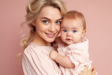 Studio portrait of a young smile asian mother and happy child isolated on pastel pink wall background. Mom and baby embrace. Mother's Day. Loving parent, Generative AI