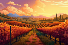 Rows Of Vineyards In An Autumn Landscape With A Colorful Sunset.