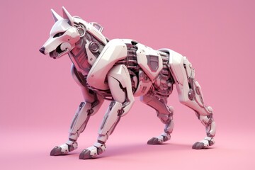 Illustration of futuristic wolf dog robot isolated on pastel color background, Generative AI