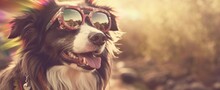 Vintage Style Of A Border Collie Hippy Dog That Is A Hippy And  Very Happy, Generative AI