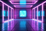 Fototapeta Do przedpokoju - Illustration of  scifi gaming cyberpunk stage in futuristic neon glow room, Generative AI