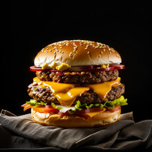 Double Hamburger Isolated On Black Background. Fresh Burger Fast Food With Beef And Cheddar Cheese Created With Generative AI Technology