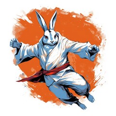 T-shirt design. Rabbit in action