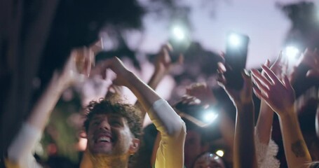 Canvas Print - Flash light, party and people celebrate at a festival or concert together at a outdoor social event with music and drinks. Night, excited and young friends at a birthday gathering or reunion vacation