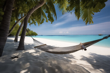 Wall Mural - Romantic cozy hammock in the shadow of the palm on the tropical beach Maldives, AI