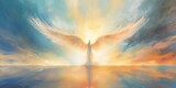 Fototapeta  - AI Generated. AI Generative. Glowing light flying angel in heaven. Religion spiritual faith christian catholic jesus mythology vibe style