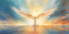 AI Generated. AI Generative. Glowing Light Flying Angel In Heaven. Religion Spiritual Faith Christian Catholic Jesus Mythology Vibe Style