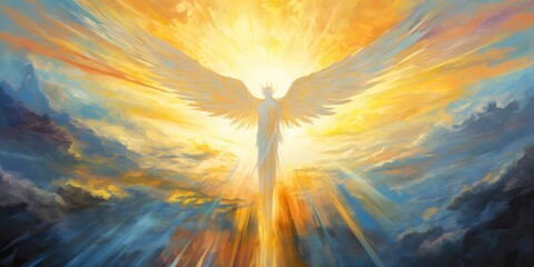 AI Generated. AI Generative. Glowing light flying angel in heaven. Religion spiritual faith mythology vibe. Graphic Art