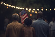 happy family with the flag of america USA at sunset, AI