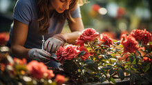 Woman Pruning A Rose Bush Outdoors Generative AI