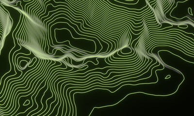 3D green contour layers. Futuristic data. Topographic contour map.