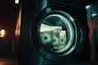 close up of pile of dirty money placed in washing machine, AI