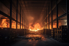 The Fire Burns Over The Warehouse, Black Smoke Flames Into The Sky. AI