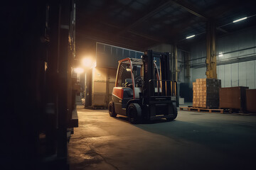 warehouse driver loading cardboard boxes by forklift stacker loader, AI