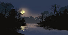 Tranquil Night Over Forest River With Moonrise