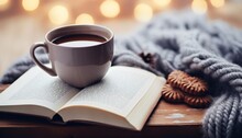 A Knitted Winter Scarf, A Cup Of Hot Chocolate, Cookies And An Open Book On A Wooden Bench In A Snowy White Forest , Winter Composition, Still Life. Copy Space Cozy Concept Image, Winter Christmas