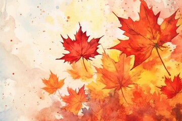 illustration watercolor art autumn background with maple leaves, generative ai