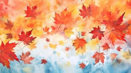 illustration watercolor art autumn background with maple leaves, generative ai