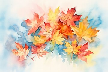 illustration watercolor art autumn background with maple leaves, generative ai