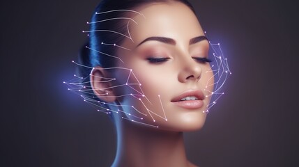 Canvas Print - Lifting lines, advertising of face contour correction, female face skin lifting. Facial rejuvenation concept, cosmetology with generative ai