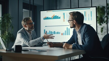 Poster - accountant consulting an entrepreneur about company financial performance in an office with generati