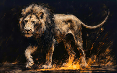 lion walking in the darkness at night, painting style, art