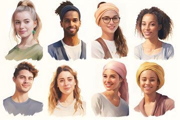 Wall Mural - collage of portraits and faces of smiling multiracial group of various young diverse people for prof