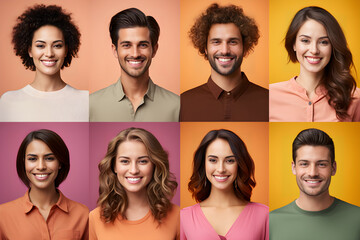 Wall Mural - collage of portraits and faces of smiling multiracial group of various young diverse people for prof