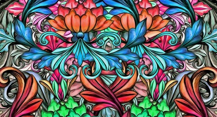 Poster - Computer graphics of abstract floral psychedelic background stylization of colored chaotic stickers in the form of leaves
