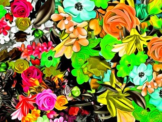 Poster - Computer graphics of abstract floral psychedelic background stylization of colored chaotic stickers in the form of leaves