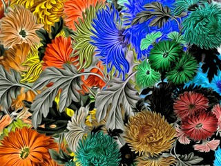 Poster - Computer graphics of abstract floral psychedelic background stylization of colored chaotic stickers in the form of leaves