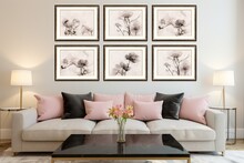 Modern Wall In A Living Room With Many Identical Rectangle Picture Frames, Ornate, Flowers, Fresh