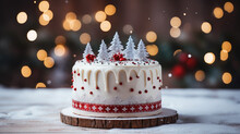 Köstlicher Kuchen Mit Weißer Glasur Und Roten Zuckerperlen Zur Weihnachtszeit. Dekoriert Mit Kleinen Weihnachtsbäumen Auf Einem Holzbrett Vor Festlichem Bokeh Hintergrund, Generative AI