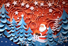 Paper Cut Christmas Postcard Of Santa Claus Xmas, AI Generated.