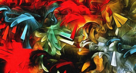 Poster - Abstract psychedelic fractal background of stylized watercolor illustration, colored chaotically blurred spots and paint strokes of different sizes and shapes