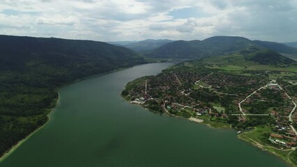 Wall Mural - lake between mountain hills aerial view. tsonevo reservoir dam panorama, nature of bulgaria. bulgari