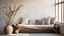 Rustic Aged Wood Tree Trunk Bench With Pillows Near Stucco Wall Interior Design Of Modern Living Room Generative Ai