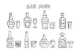 Big set of alcoholic bottles and glasses in doodle style. Rum, vodka, gin, liqueur, whiskey, scotch, cognac, tequila.  Great for bar menu, banner. Vector EPS10. Hand drawn.Isolated on white background