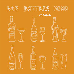 Wall Mural - Big set of alcoholic bottles, glasses and lettering in doodle style. Champagne, beer, martini, red wine, aperol, white wine  Great for bar menu, banner. Vector EPS10. Hand drawn. Isolated on orange