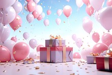 Gift Boxes With Pink Balloons And Confetti. 3d Rendering, 3d Render Of Birthday Background With Gift Box, Balloons And Confetti, AI Generated