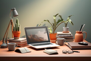 Poster - Working space with laptop, books, stationery and plants. 3D rendering. 3d render of working space with computer, laptop, coffee cup and other objects, AI Generated