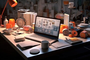 Poster - 3d rendering of a desktop with a laptop and some office items, 3d render of working space with computer, laptop, coffee cup and other objects, AI Generated