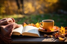 Cup Of Black Tea With Books And Autumn Leaves , AI Generated