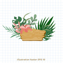 A Wooden Plaque Decorated With Flowers And Leaves For The Letters. On Checkered Paper,Flat Modern Design ,Vector Illustration EPS 10